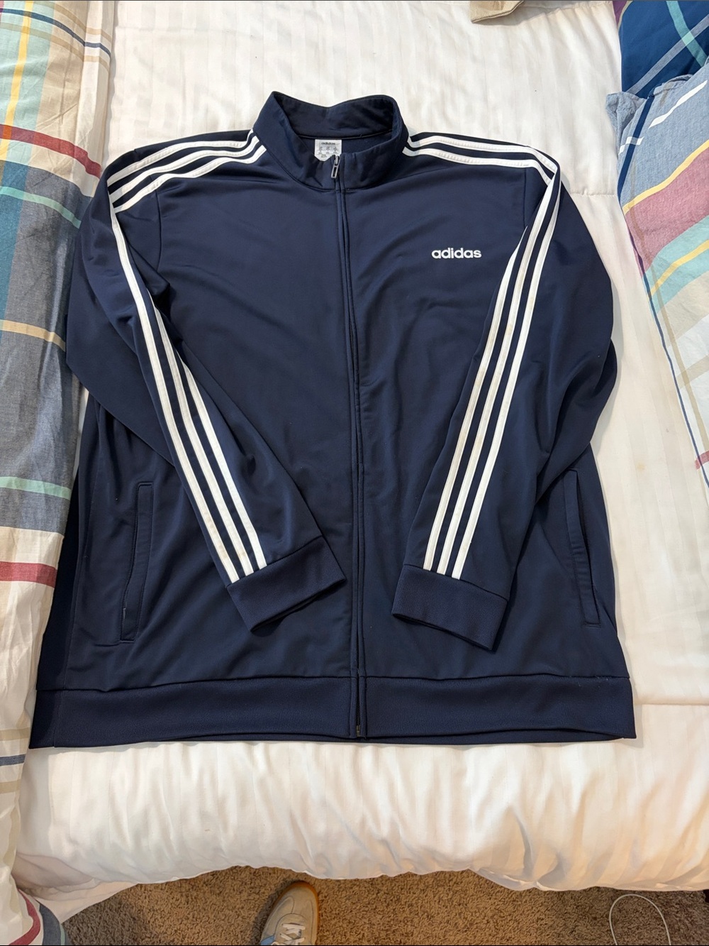 adidas Navy Blue Track Jacket with White Stripe Accents